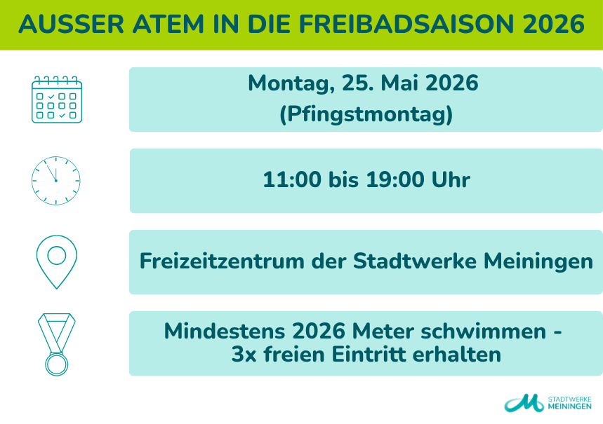 "Außer Atem" in die Freibadsaison 2026 in Meiningen: Pfingstmontag, 25. Mai von 11:00 bis 19:00 Uhr