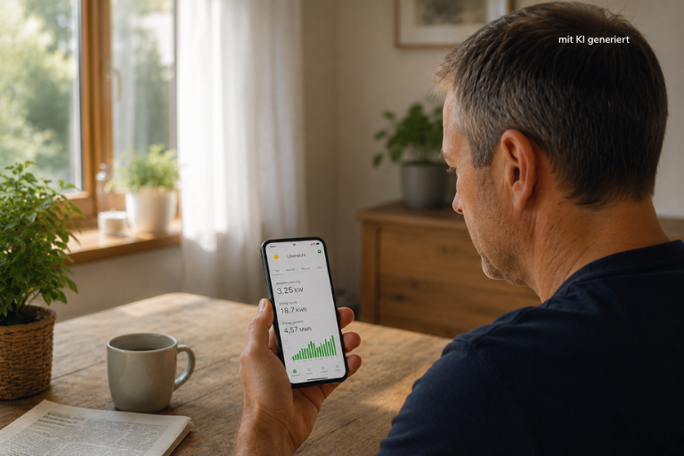 App für die Solaranlage Bild mit KI generiert - Stadtwerke Meiningen Blog Man in a blue shirt sits at a wooden table, holding a smartphone displaying energy usage data and a green graph nearby plants and a mug in a bright home.