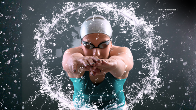 Außer Atem 2026 Foto von Canva mit KI bearbeitet - Stadtwerke Meiningen Blog Swimmer in a turquoise suit and swim cap pushes forward with arms extended as a circular splash forms around them, wearing goggles.