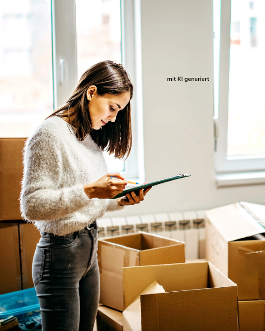 Frau während des Umzugs Foto von Canva mit KI bearbeitet - Stadtwerke Meiningen Blog - Stadtwerke Meiningen Blog Woman in a fuzzy white sweater checks a clipboard while standing among unpacked boxes in a sunlit room.