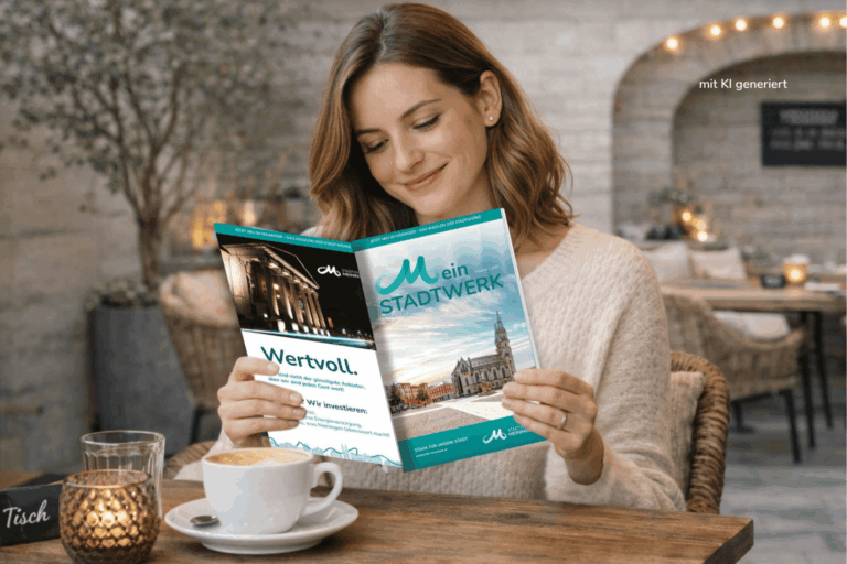 Frau in einem beigen Pullover liest entspannt eine Stadtwerke-Zeitschrift in einem Café, warme Lichtstimmung im Hintergrund.