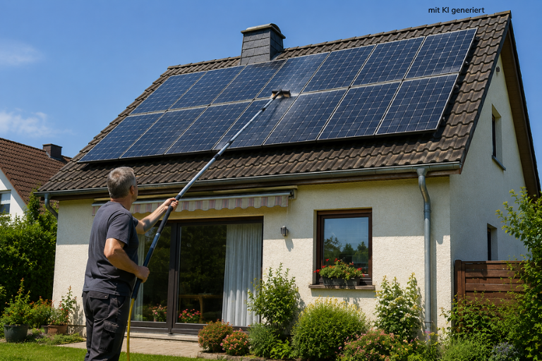 Reinigen der Solarmodule Bild mit KI generiert - Stadtwerke Meiningen Blog Man standing in a garden, using a long pole to clean or adjust solar panels mounted on a house roof above a sliding glass door and window with flower boxes.