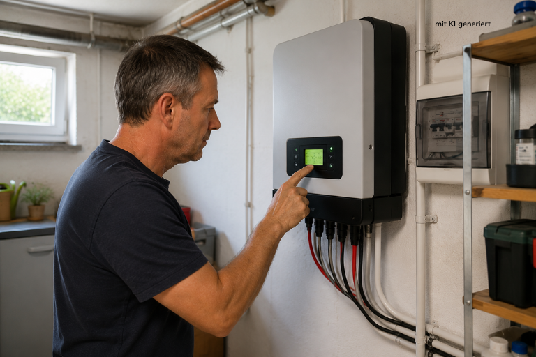Wechselrichter einer Solaranlage Bild mit KI generiert - Stadtwerke Meiningen Blog Man in a workshop configures a wall-mounted solar inverter/controller with a green display and multiple cables beneath it